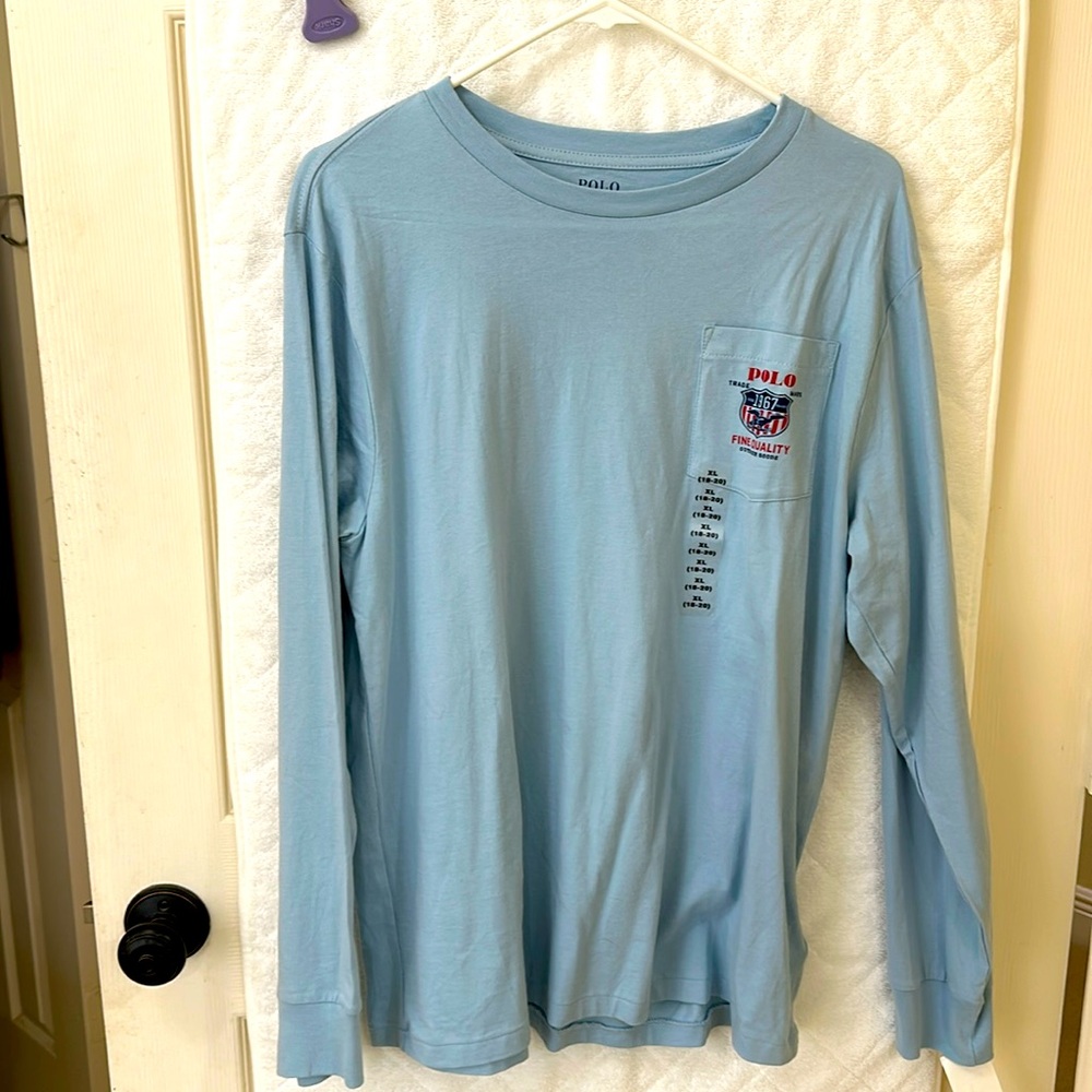 Ralph Lauren long sleeve blue t-shirt boys XXL NWT with design on front and back